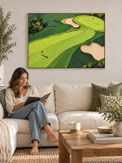 Hand-Painted Golf Course Landscape Canvas Art With Impasto Green Fairways