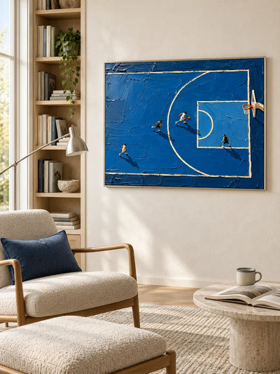 Hand-Painted Basketball Court Art With Impasto Texture And Blue Tones