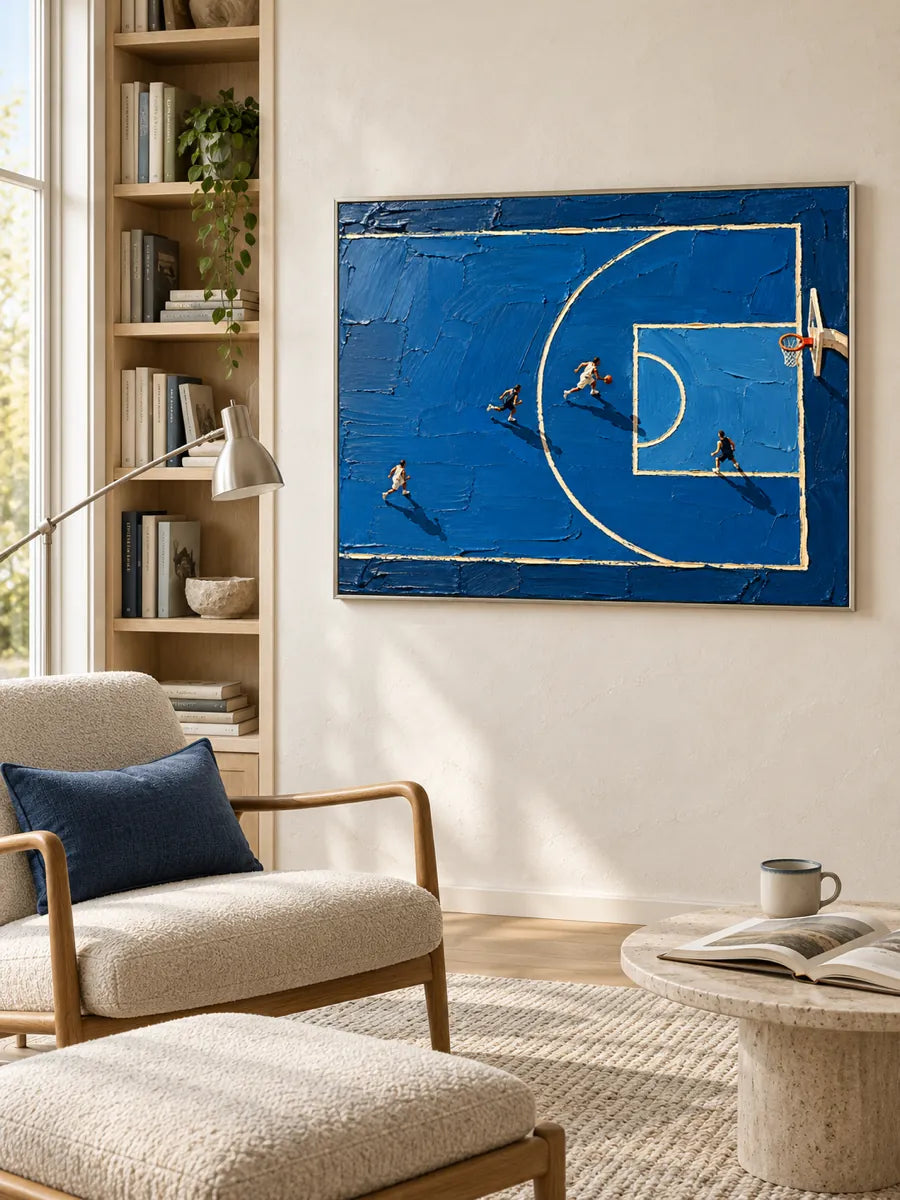 Hand-Painted Basketball Court Art With Impasto Texture And Blue Tones