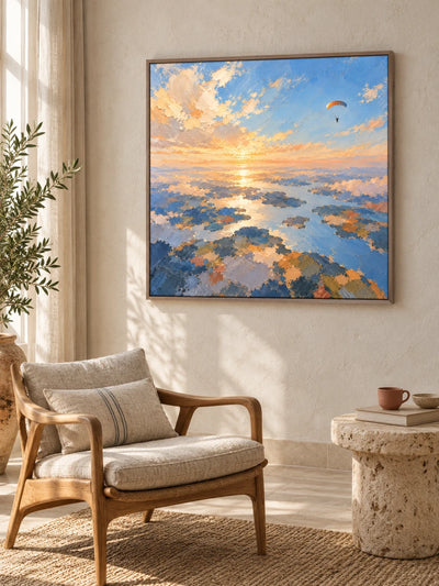 Hand-Painted Paragliding Canvas Art With Sunset Sky