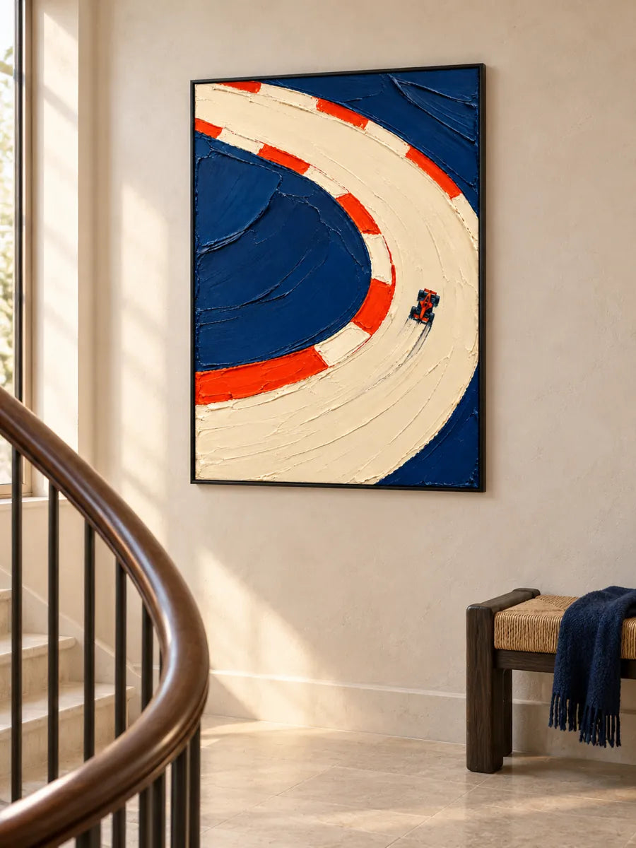 F1 Racing Car Impasto Canvas Painting With Bold Blue And Red Colors