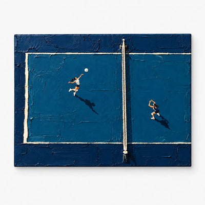 Hand-Painted Volleyball Art Impasto Blue Court Canvas Painting Original Sports Wall Decor