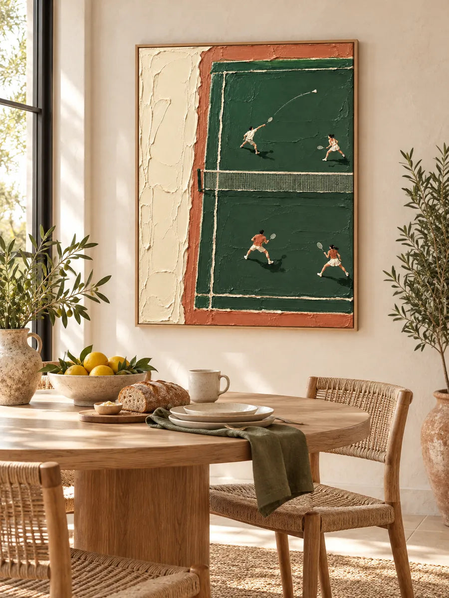Hand-Painted Badminton Court Art With Heavy Impasto Texture