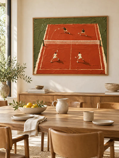 Modern Impasto Sports Painting Of Doubles Match On Clay Court