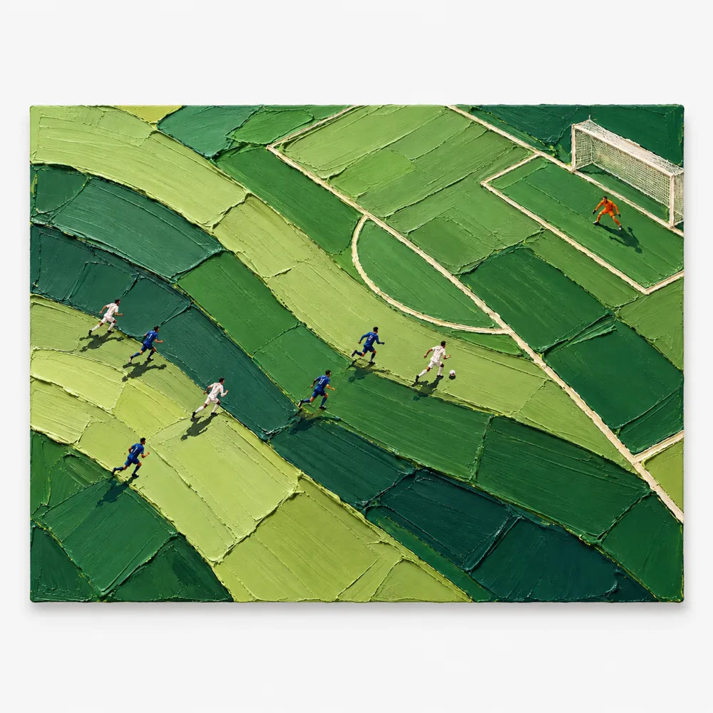 Hand-Painted Football Match Canvas Art With Bold Impasto Texture In Green