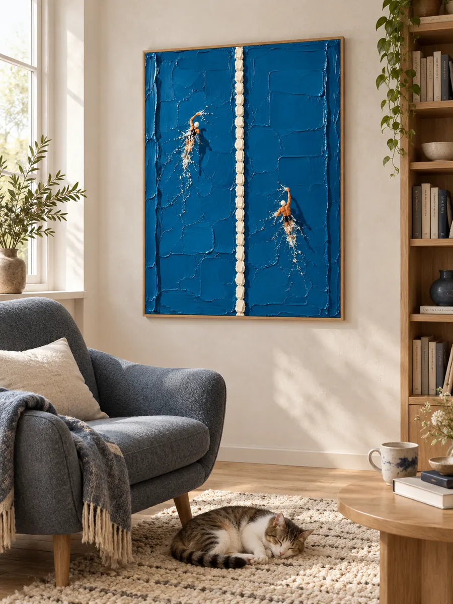 Swimming Pool Art Impasto Canvas Painting Blue And White Hand-Painted Wall Art
