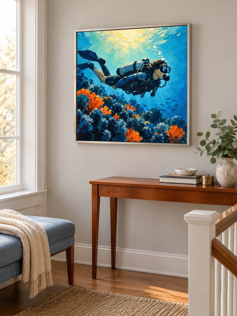 Impressionist Scuba Diver Canvas Painting With Coral Reef In Blue And Orange