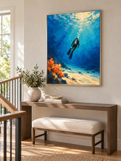 Hand-Painted Scuba Diver Canvas Painting Blue Ocean Impressionist Wall Art