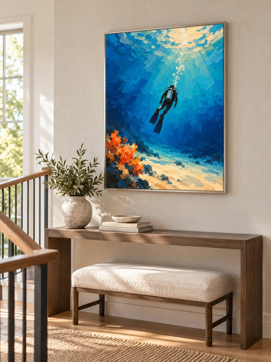 Hand-Painted Scuba Diver Canvas Painting Blue Ocean Impressionist Wall Art