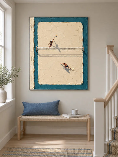 Hand-Painted Beach Volleyball Canvas Art With Thick Impasto肌理 In Blue And Beige