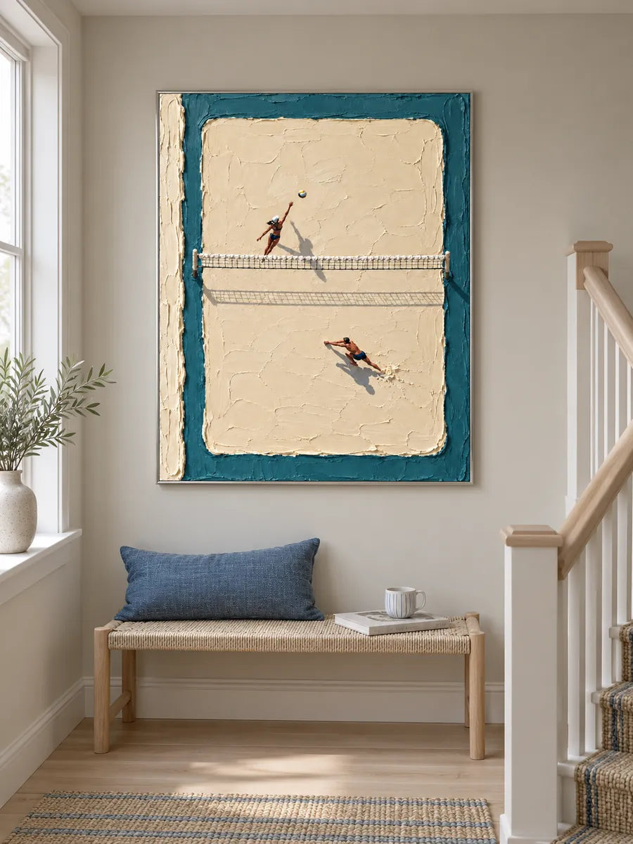 Hand-Painted Beach Volleyball Canvas Art With Thick Impasto肌理 In Blue And Beige
