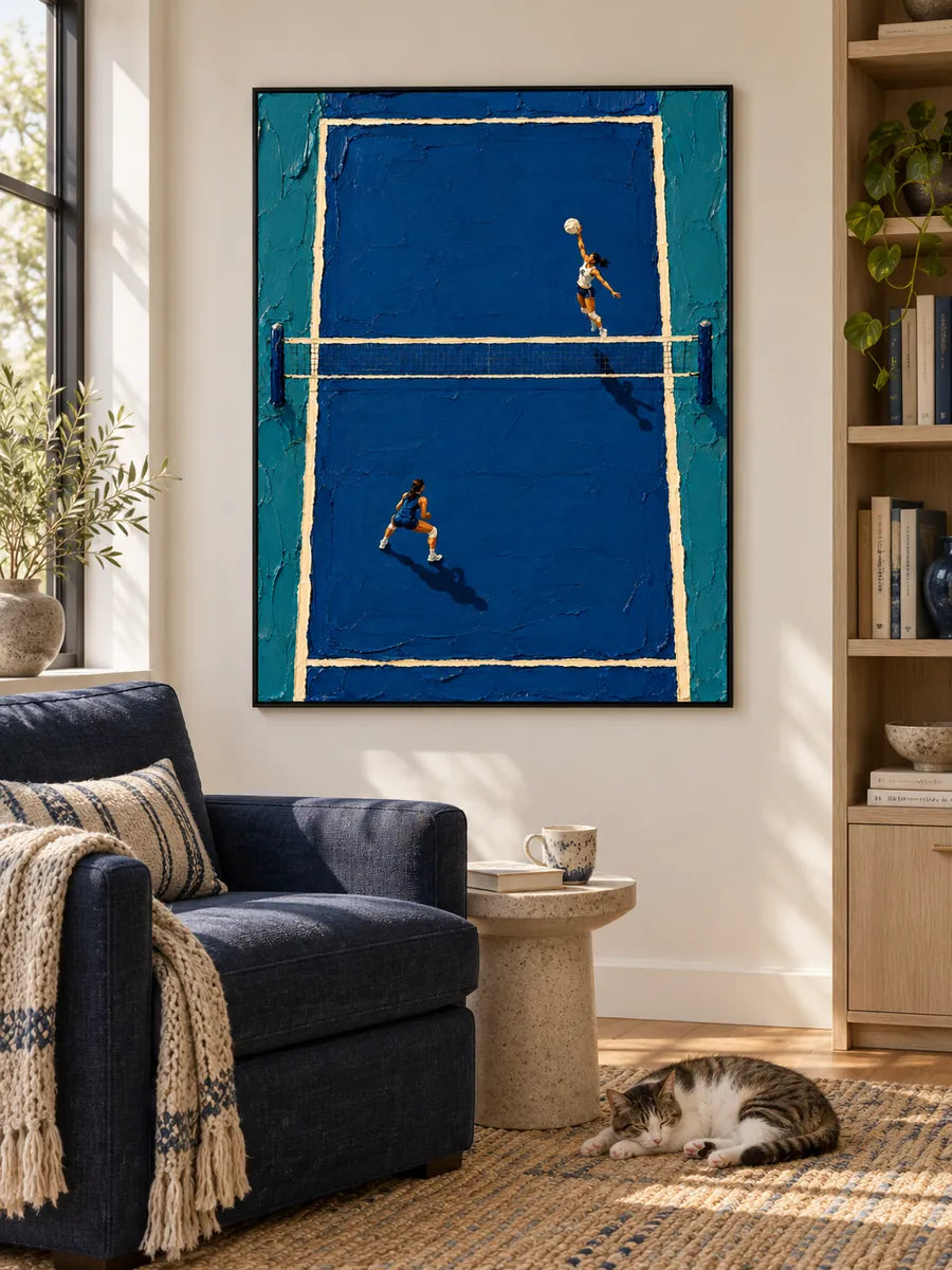 Hand-Painted Volleyball Art With Thick Impasto Blue Canvas Painting