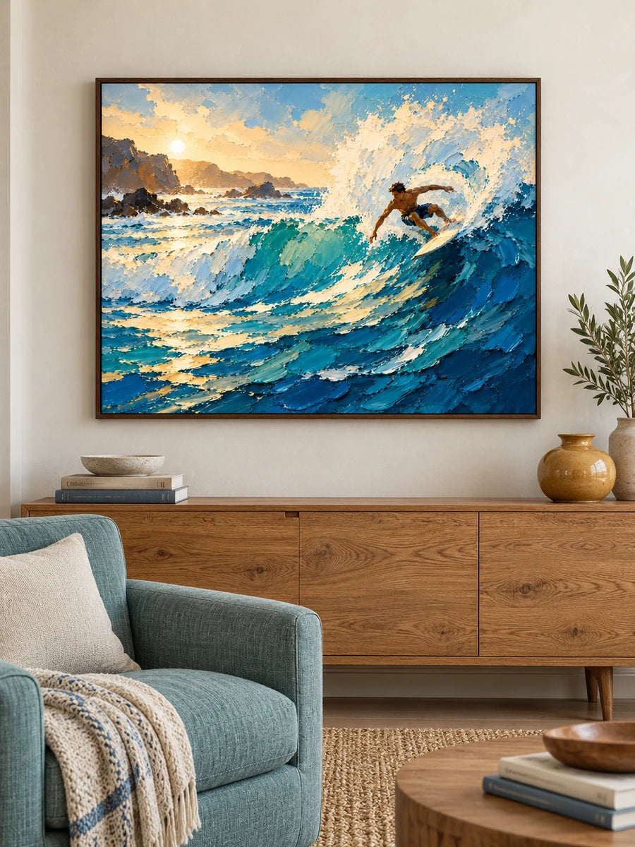 Surfer On Wave Hand-Painted Canvas Art In Blue And Gold
