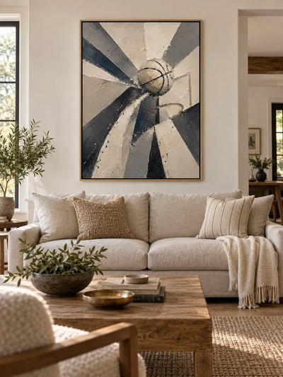 Abstract Basketball Canvas Painting With Geometric Motion In Beige And Black