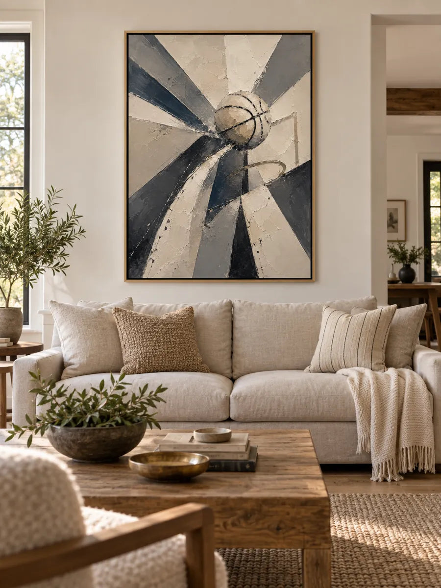 Abstract Basketball Canvas Painting With Geometric Motion In Beige And Black
