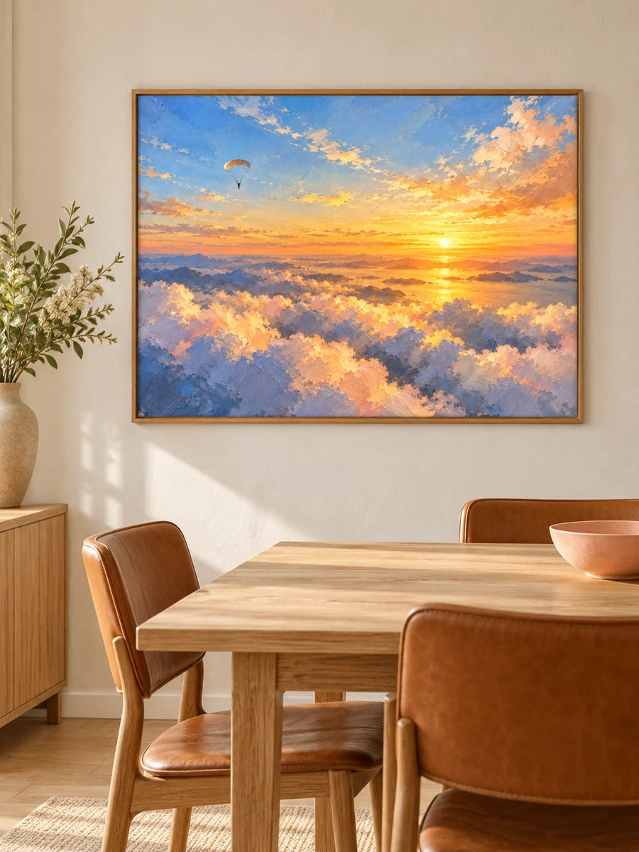 Impressionist Paragliding Canvas Painting Sunset Over Clouds Original Art