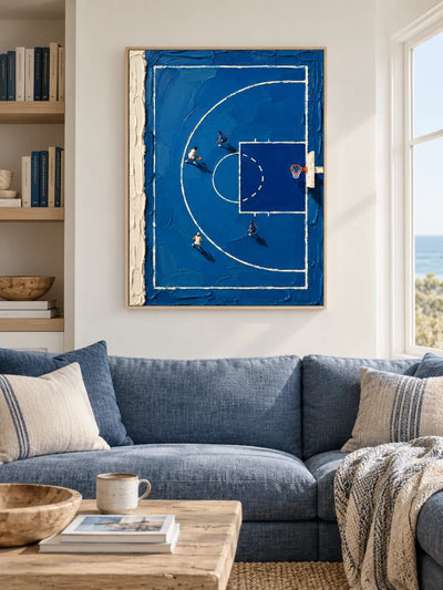 Hand-Painted Basketball Court Canvas Art With Heavy Impasto Texture In Blue And White