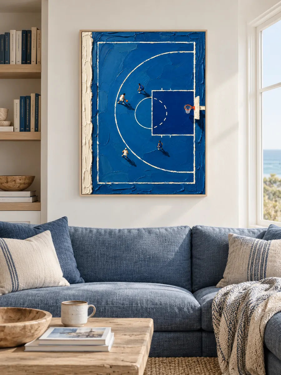 Hand-Painted Basketball Court Canvas Art With Heavy Impasto Texture In Blue And White