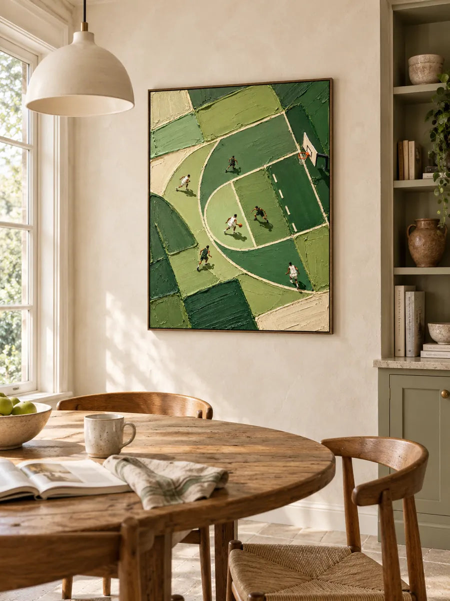 Hand-Painted Basketball Court Art With Impasto Texture Green Canvas Painting