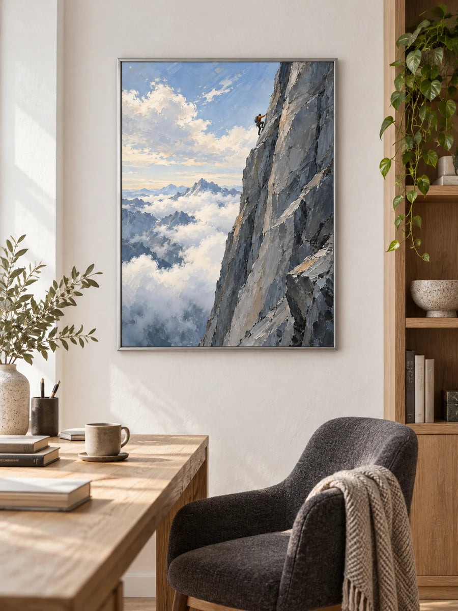 Hand-Painted Rock Climbing Canvas Art With Clouds And Mountains