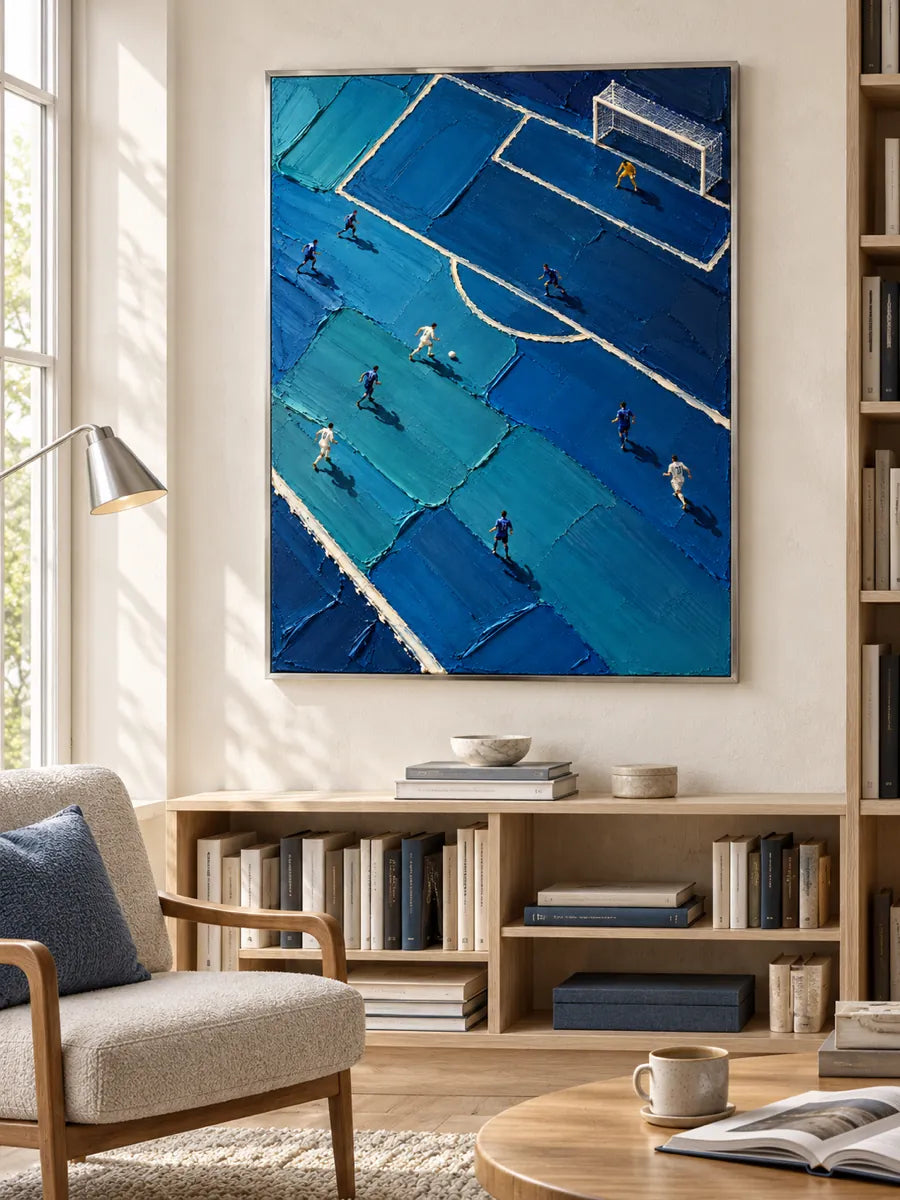 Hand-Painted Soccer Field Canvas Art With Thick Impasto Texture In Blue Tones
