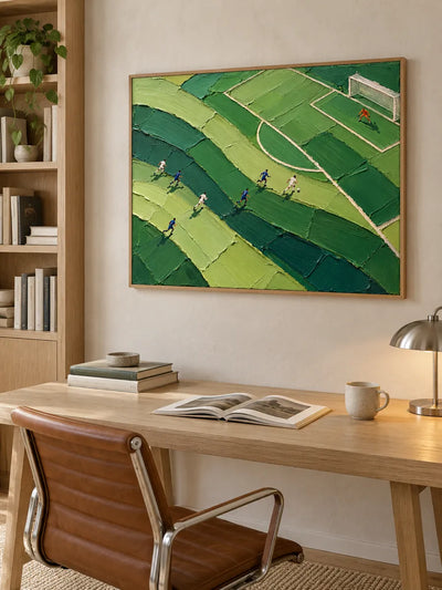 Hand-Painted Football Match Canvas Art With Bold Impasto Texture In Green