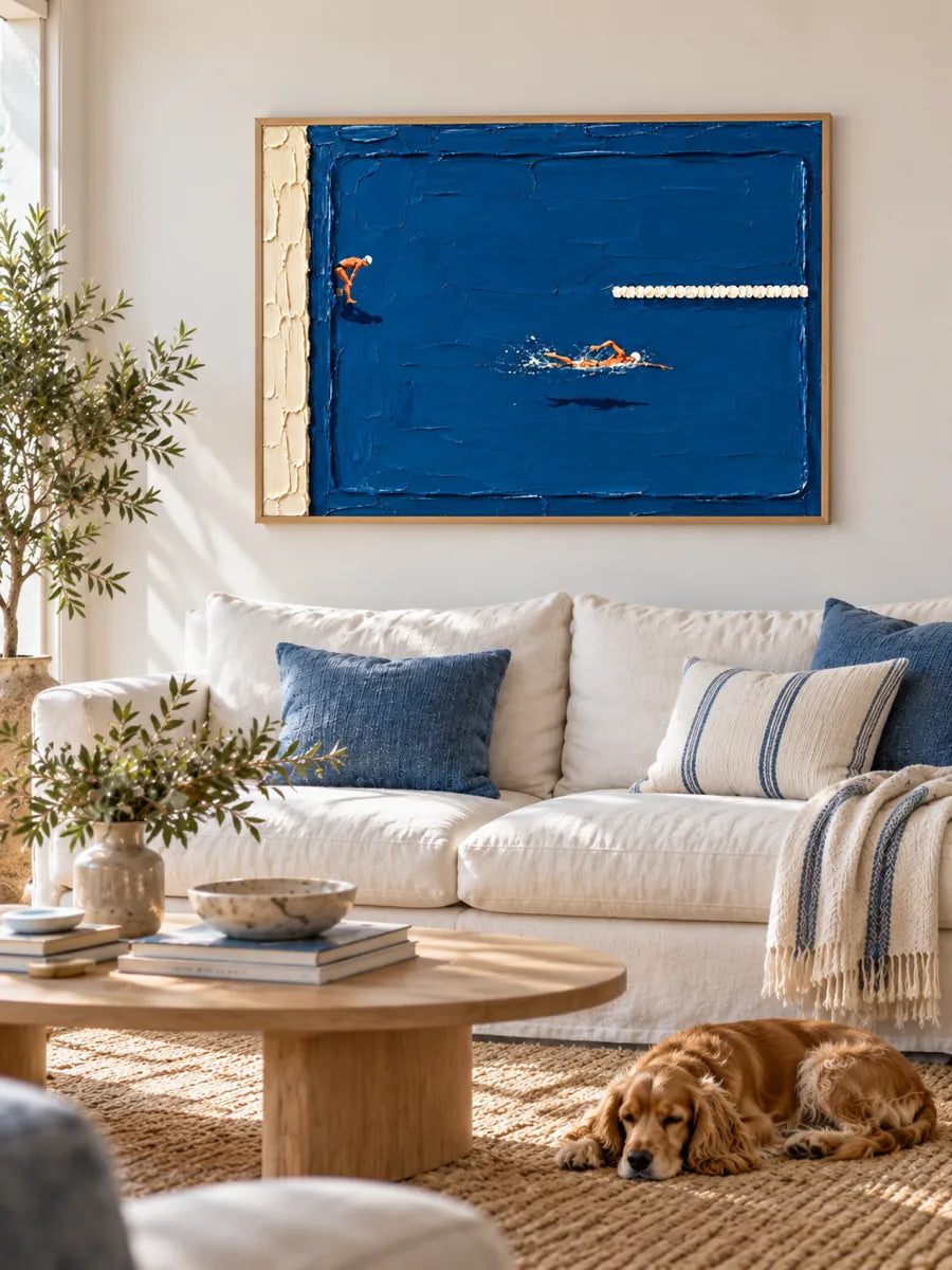 Swimming Pool Impasto Canvas Painting Hand-Painted Blue White Sport Art
