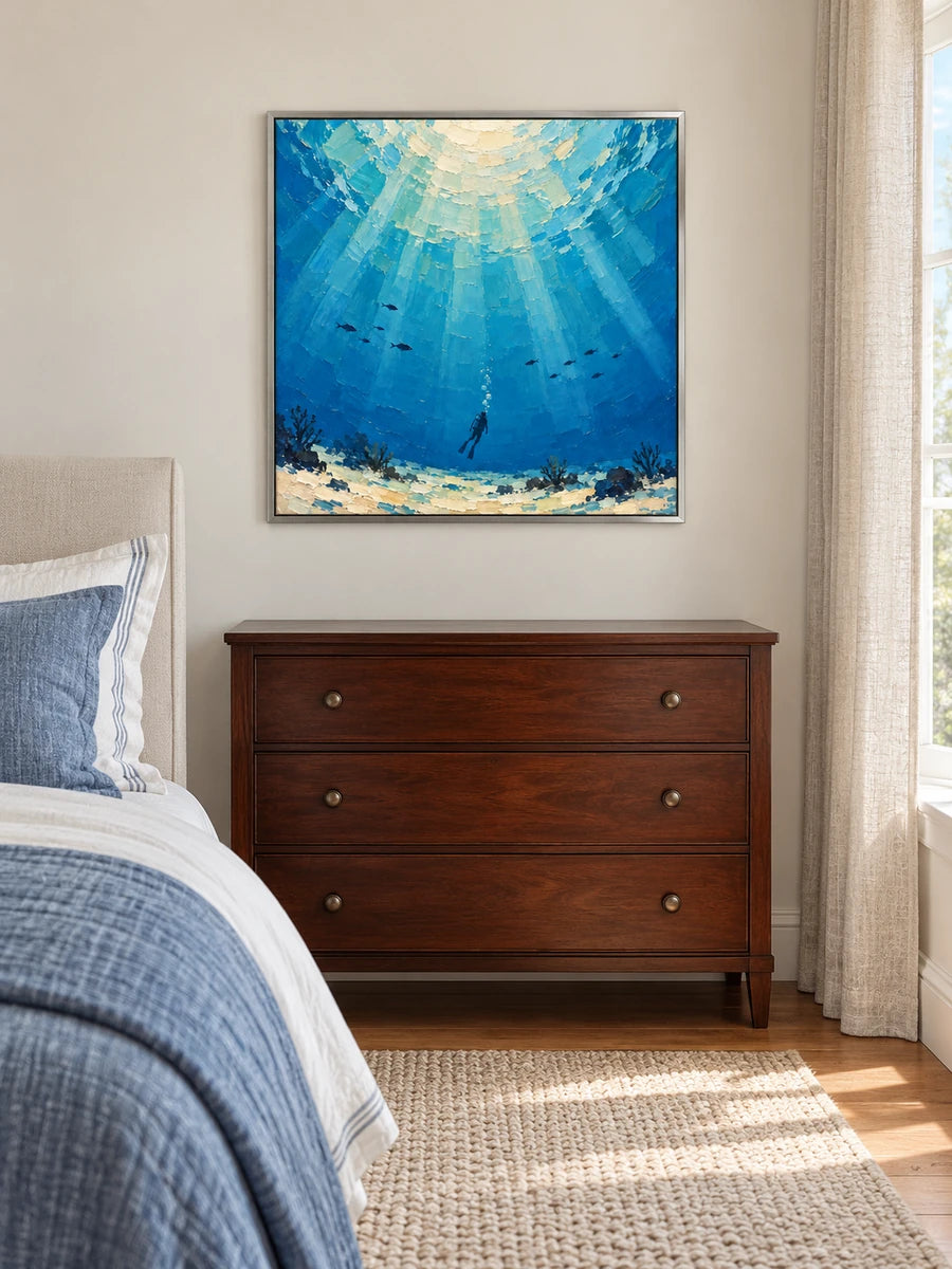 Hand-Painted Scuba Diver Canvas Art With Sunlit Ocean Waves