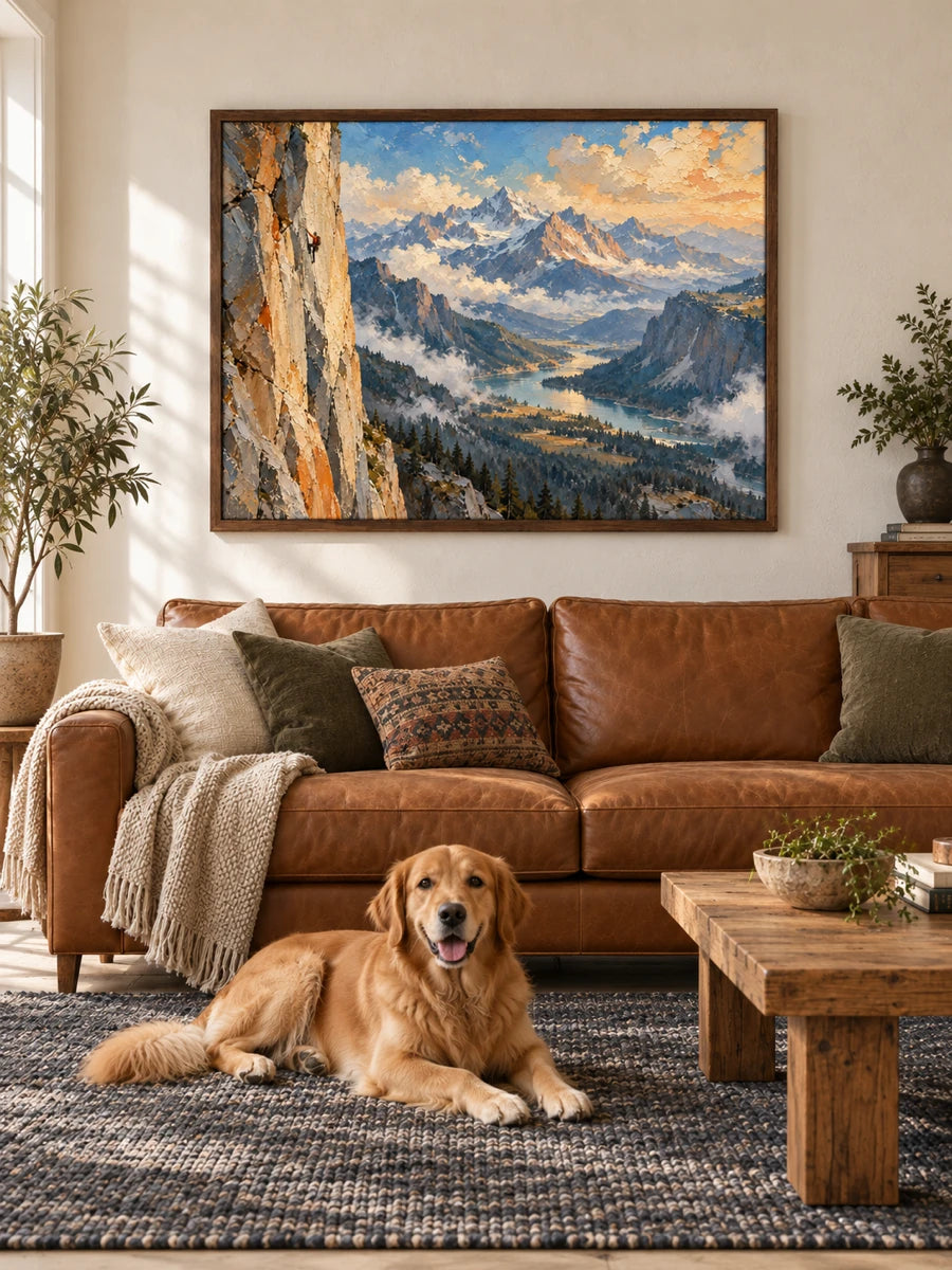 Impressionist Mountain Climbing Canvas Painting With Dramatic Cliff View