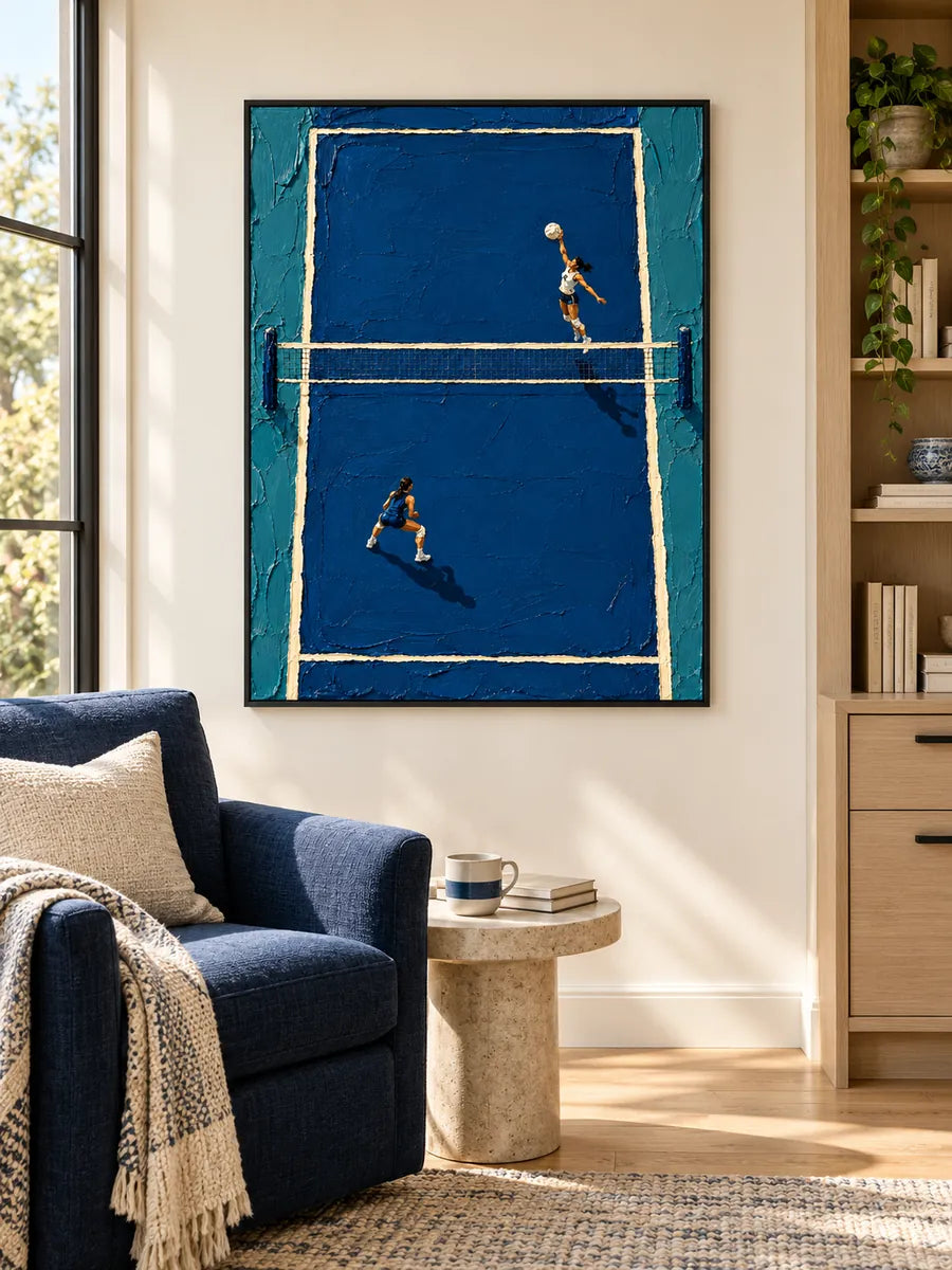 Hand-Painted Volleyball Art With Thick Impasto Blue Canvas Painting
