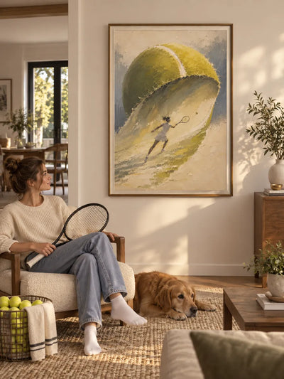 Surreal Tennis Player Painting With Giant Ball Wave Hand-Painted Canvas Art
