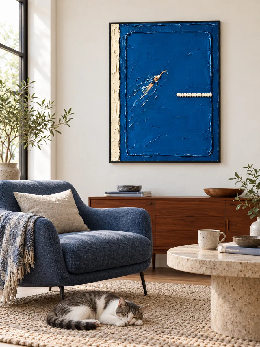Swimming Pool Art Impasto Canvas Painting Blue Water Sports Wall Decor