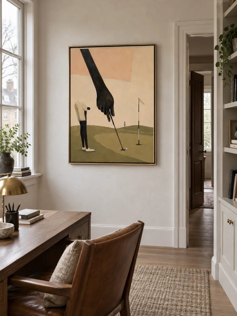 Surrealist Golf Painting With Giant Hand Original Canvas Art