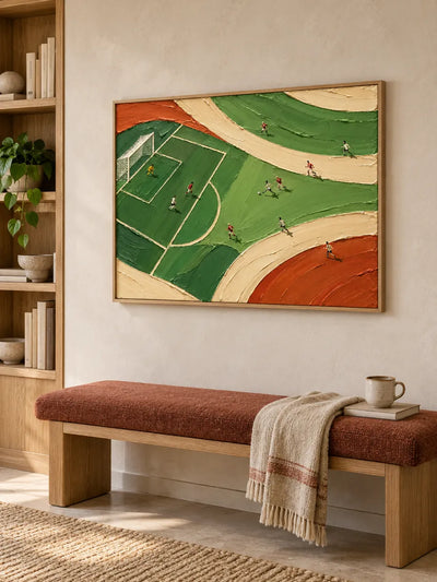 Hand-Painted Football Match Canvas Art With Green And Orange Impasto