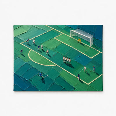 Hand-Painted Soccer Field Impasto Canvas Art With Green And Blue Tones