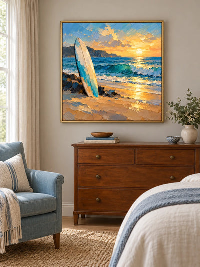 Surfboard At Sunset Impressionist Beach Canvas Painting