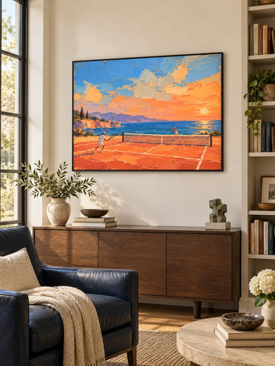 Tennis On Clay Court By The Sea Hand-Painted Canvas Art In Orange And Blue