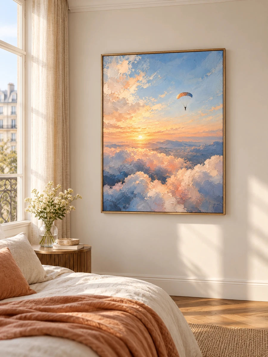 Impressionist Parachuting Canvas Painting With Sunset Sky