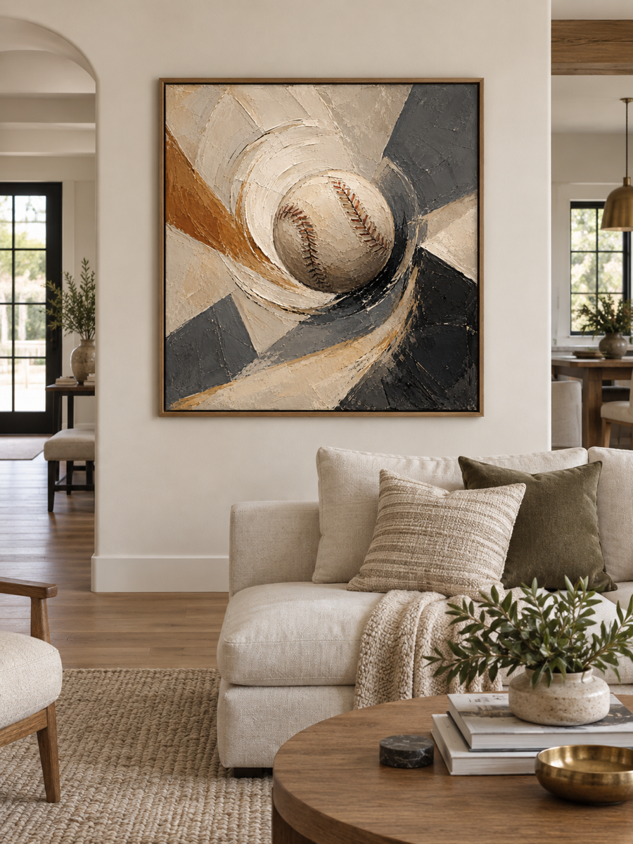Abstract Baseball Canvas Painting Geometric Sports Art In Beige And Black