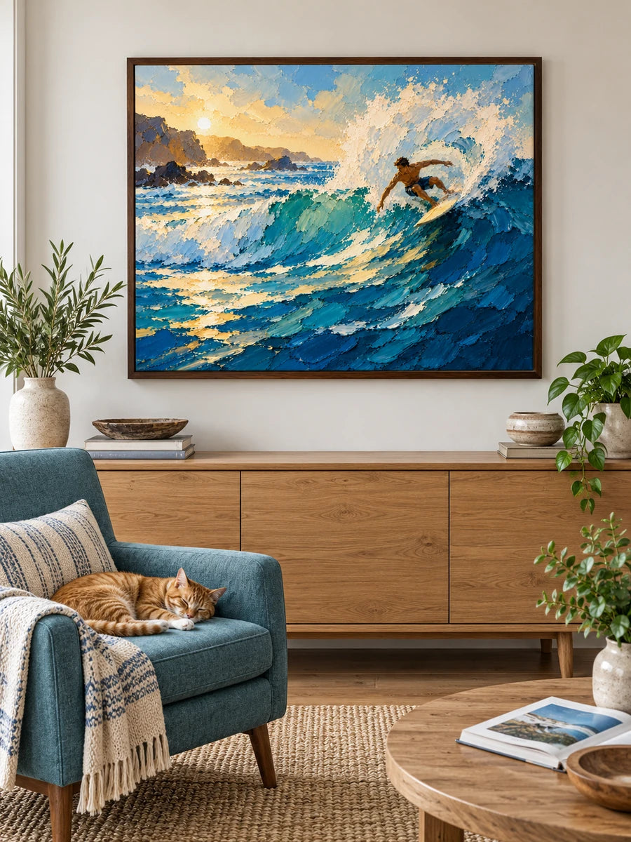 Surfer On Wave Hand-Painted Canvas Art In Blue And Gold