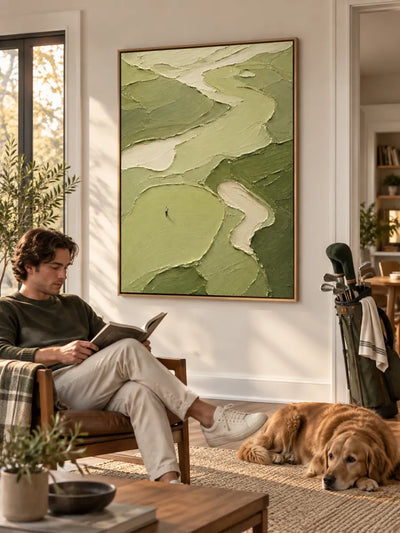 Hand-Painted Golf Course Canvas Art With Impasto Texture In Green And Beige