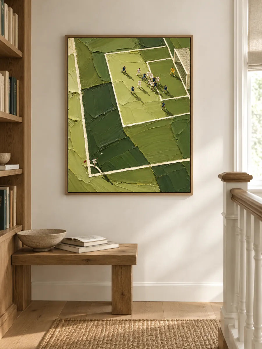 Hand-Painted Football Match Impasto Canvas Art With Green Pitch