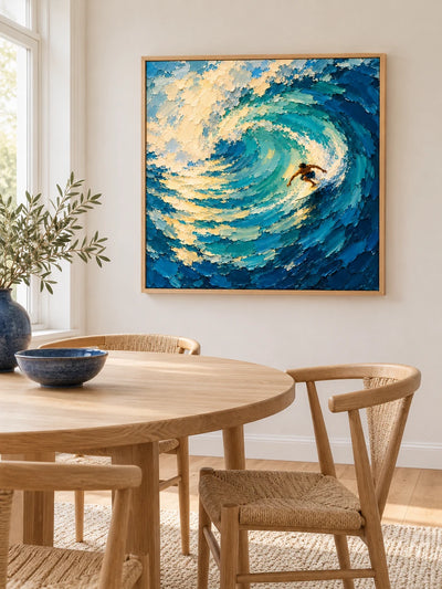 Surfer In Wave Canvas Painting Hand-Painted Blue And Gold Ocean Art