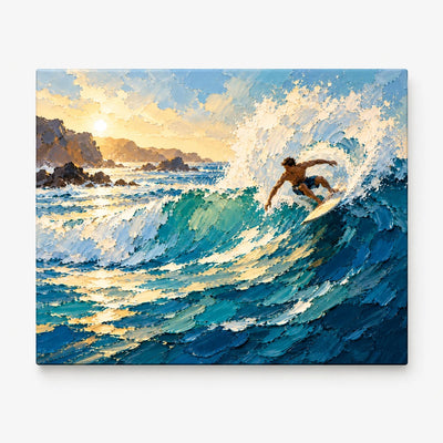 Surfer On Wave Hand-Painted Canvas Art In Blue And Gold