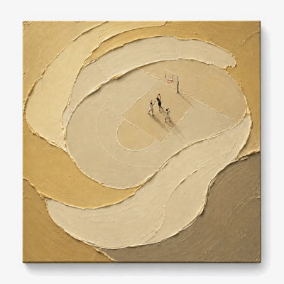Basketball Themed Textured Canvas Painting In Beige And Gold Tones For Modern Sports Decor