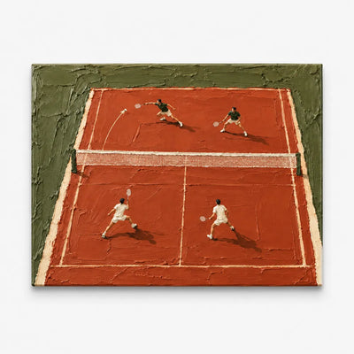 Modern Impasto Sports Painting Of Doubles Match On Clay Court