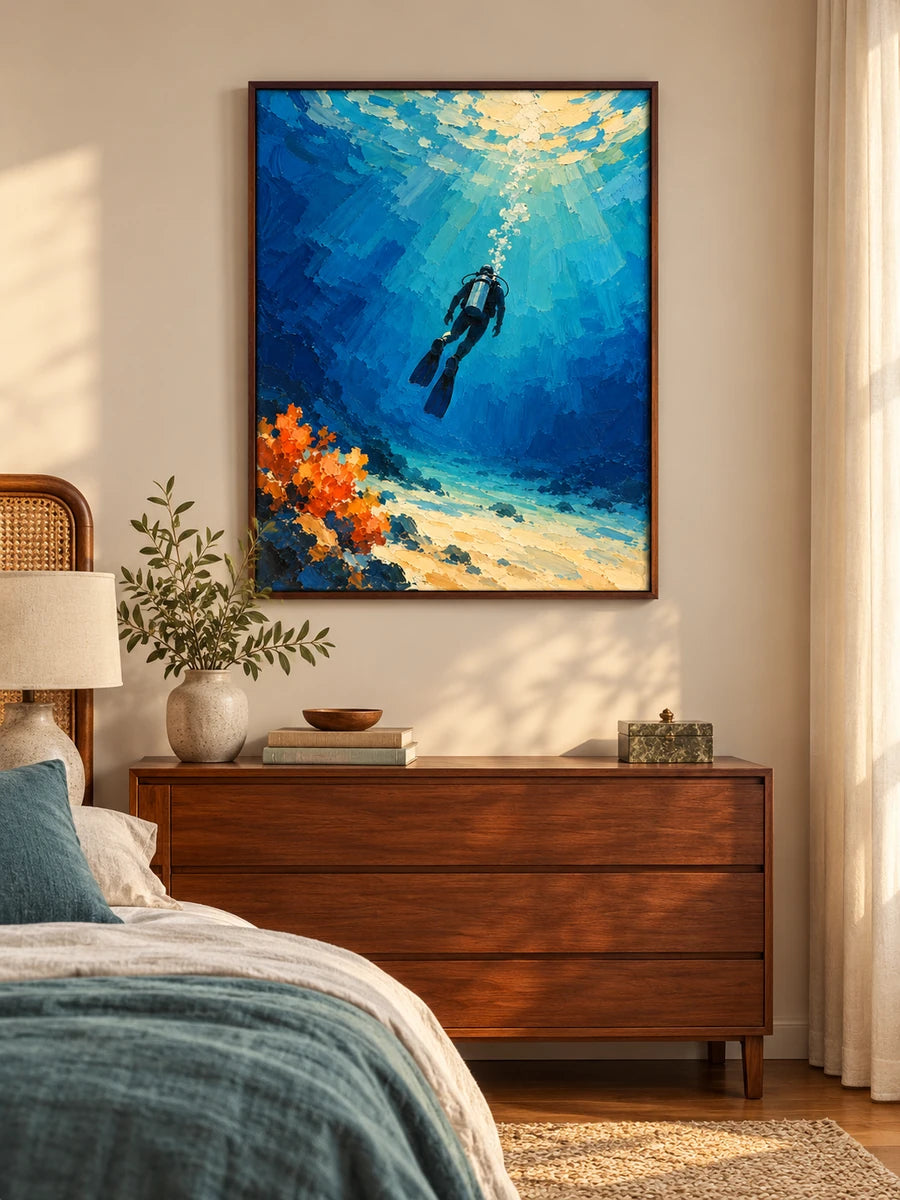 Hand-Painted Scuba Diver Canvas Painting Blue Ocean Impressionist Wall Art