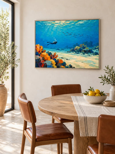 Hand-Painted Scuba Diver Canvas Art With Coral Reef And Fish School In Blue Ocean