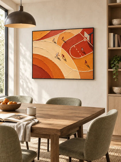 Hand-Painted Basketball Court Art With Orange Impasto Texture For Sports Fans