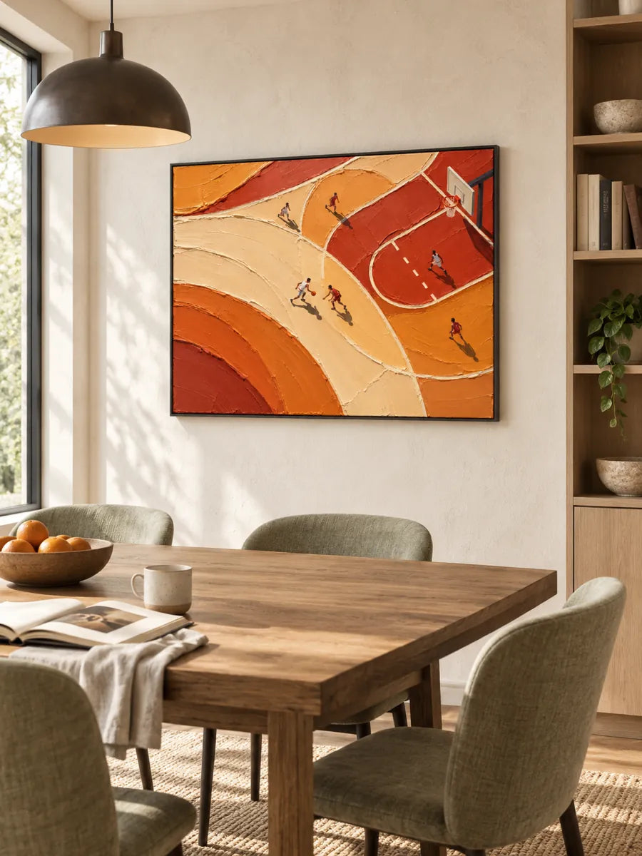Hand-Painted Basketball Court Art With Orange Impasto Texture For Sports Fans